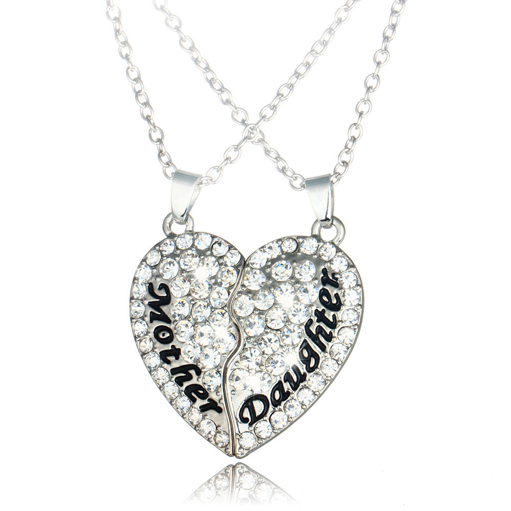 Wholesale Mother's Day Parent-child Style Mother and Daughter Heart-shaped Diamond Patchwork Pendant Alloy Necklace